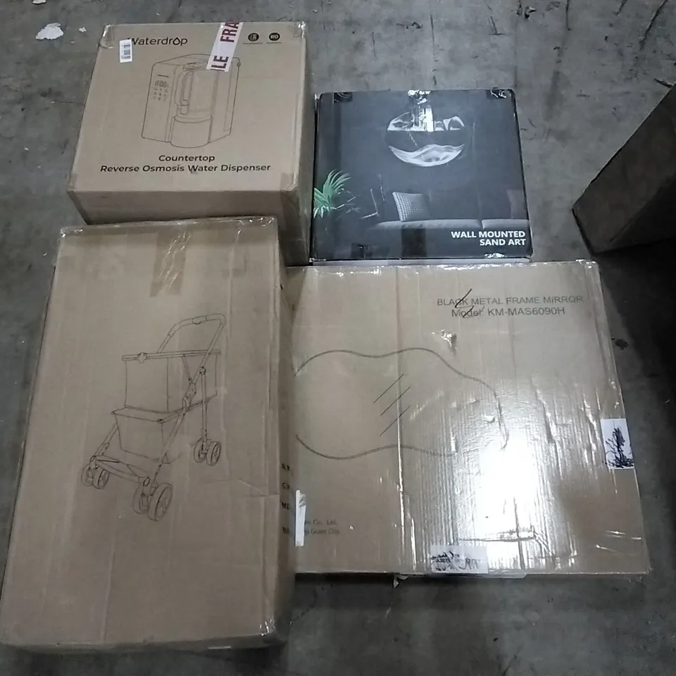 PALLET CONTAINING ASSORTED PRODUCTS INCLUDING COUNTERTOP WATER DISPENSER, METAL FRAME MIRROR, WALL MOUNTED SAND ART, STROLLER & CORNER DESK