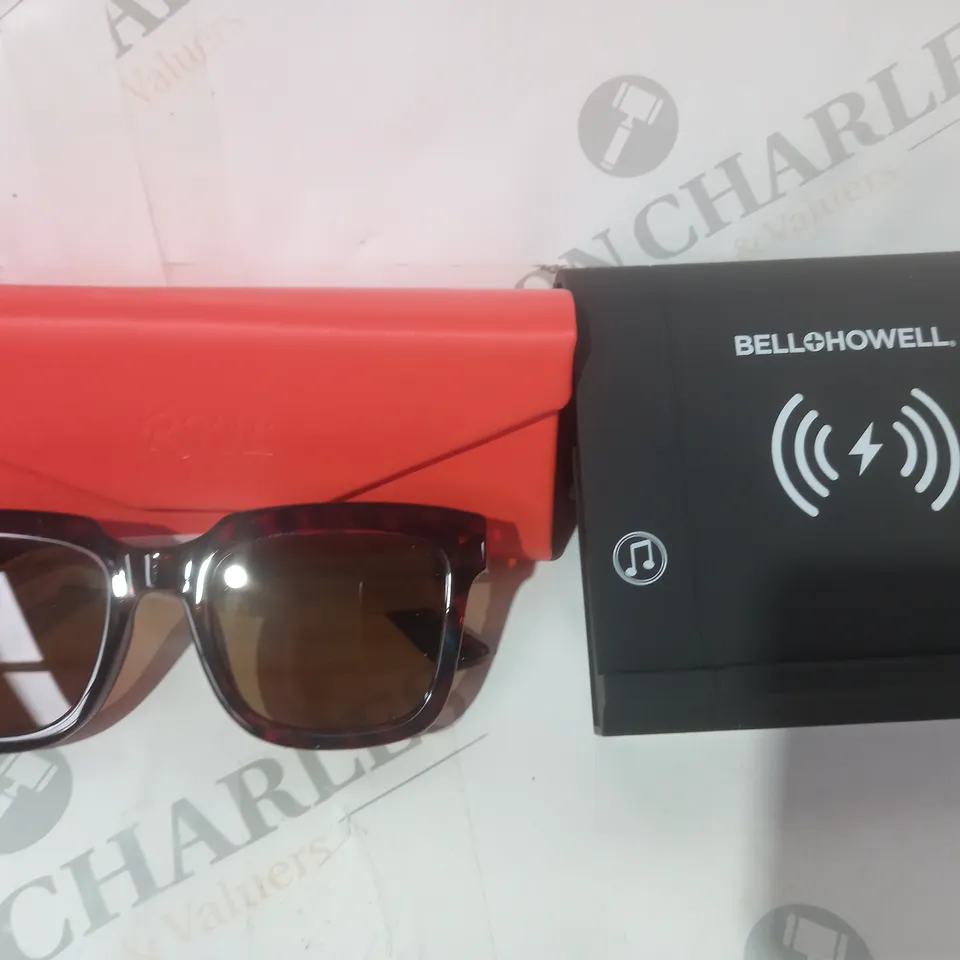 BOX OF APPROXIMATELY 8 ASSORTED HOUSEHOLD ITEMS TO INCLUDE SUNGLASSES, BELL + HOWELL SPEAKER, ETC