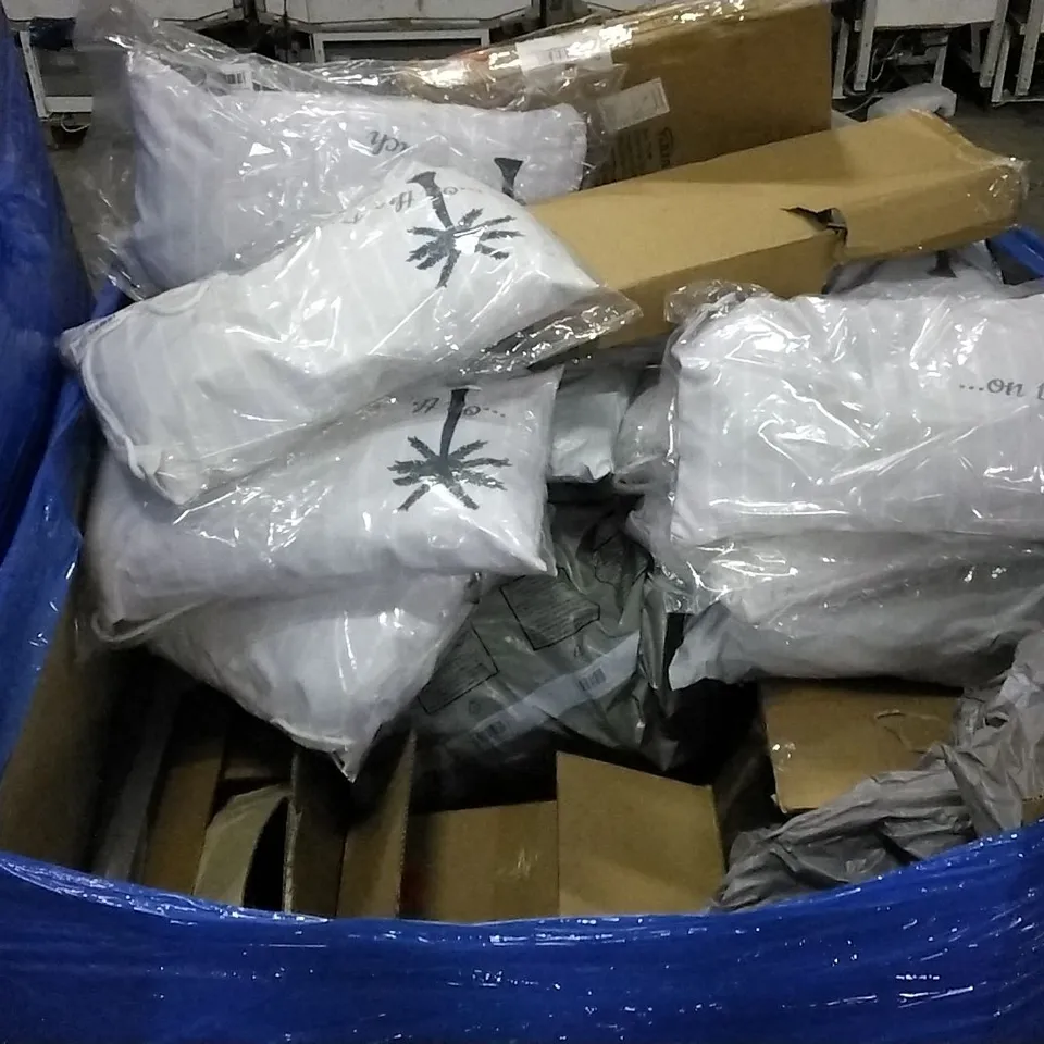 PALLET OF ASSORTED ITEMS INCLUDING A ON THE BEACH CUSHION, KIDS METAL DETECTOR SET,  ROLLER BLINDS , OFFICE CHAIR 