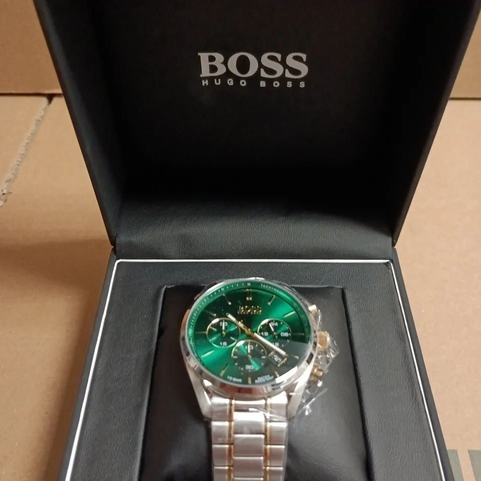 BOXED HUGO BOSS CHRONOGRAPH WRISTWATCH – GREEN DIAL, TWO-TONE STAINLESS STEEL & GOLD-TONE BRACELET