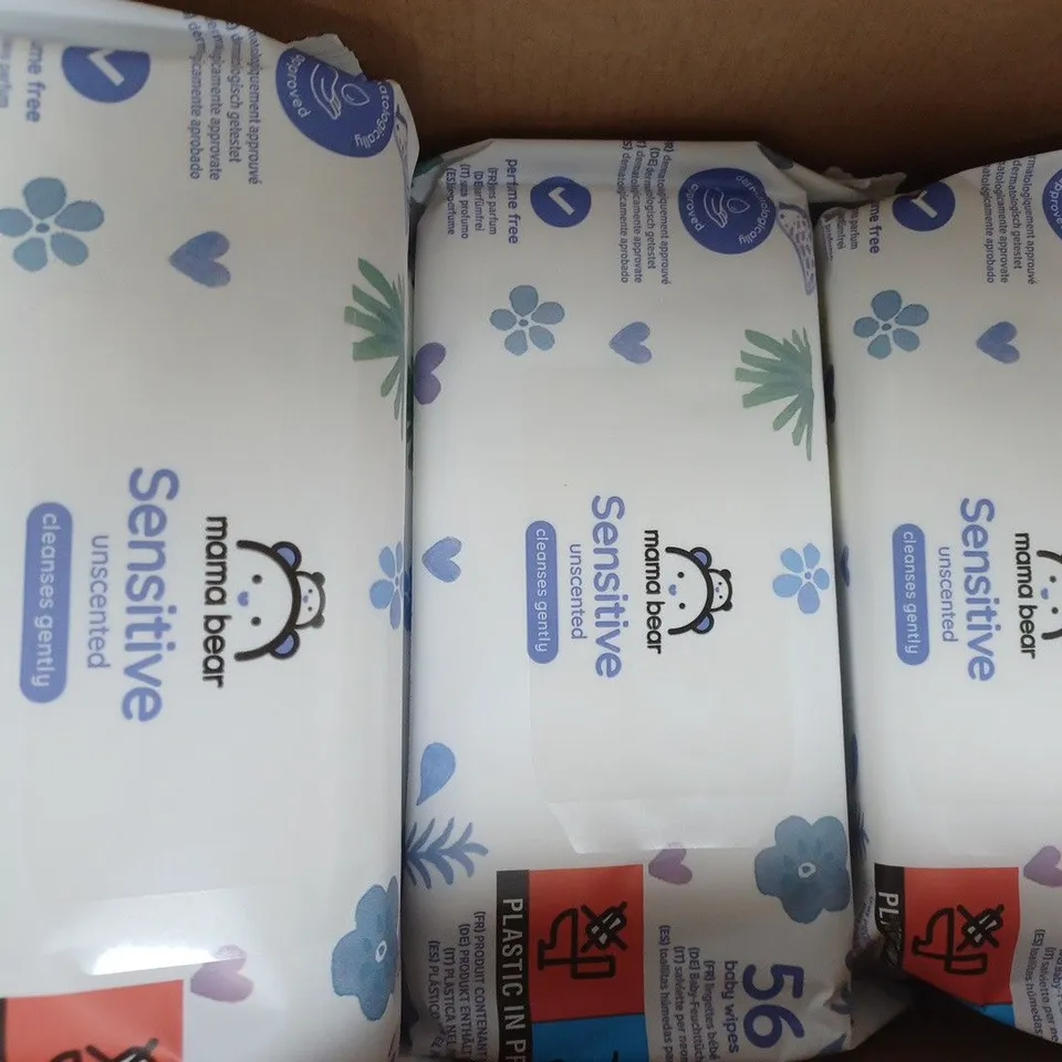 BOX OF APPROXIMATELY 18 PACKS OF MAMA BEAR SENSITIVE UNSCENTED BABY WIPES (56 WIPES PER PACK)