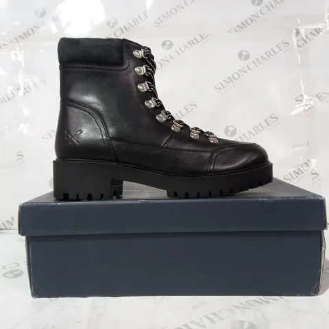 BOXED PAIR OF CREW CLOTHING COMPANY IRIS LEATHER HIKING BOOTS IN BLACK EU SIZE 39