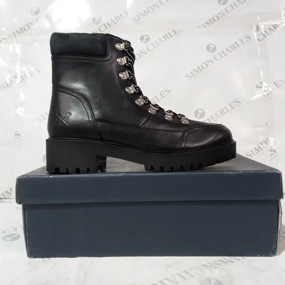 BOXED PAIR OF CREW CLOTHING COMPANY IRIS LEATHER HIKING BOOTS IN BLACK EU SIZE 39
