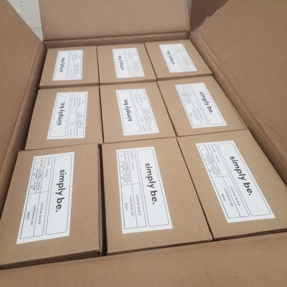 BOX CONTAINING APPROXIMATELY 9 PAIRS OF BRAND NEW SIMPLY BE BLACK JUPITER EXTRA WIDE STRAP-BACK MESH FLATS - SIZE 8