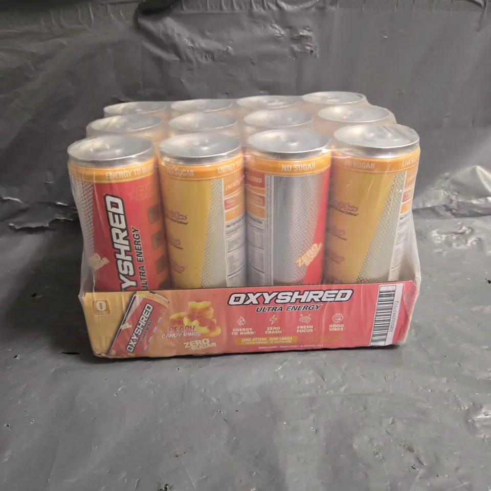 SEALED OXYSHRED ULTRA ENERGY IN PEACH CANDY RINGS 12X355ML - COLLECTION ONLY