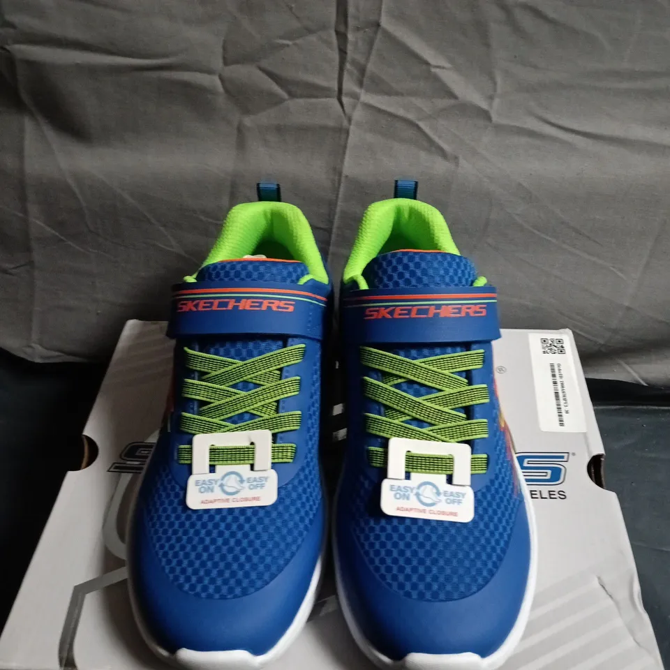 BOXED PAIR OF SKECHERS KIDS' TRAINERS – BLUE & NEON GREEN, VELCRO STRAP - UK SIZE2