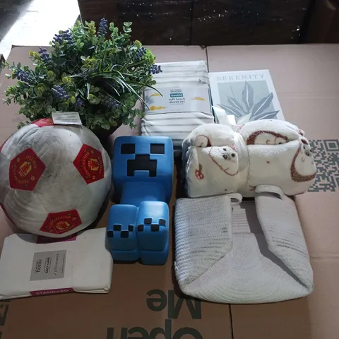BOX OF APPROXIMATELY 12 ASSORTED HOUSEHOLD ITEMS TO INCLUDE - DECORATIVE PLANTS, MANCHESTER UNITED PLUSH BALL, AND CREEPER SQUISHY ETC. 