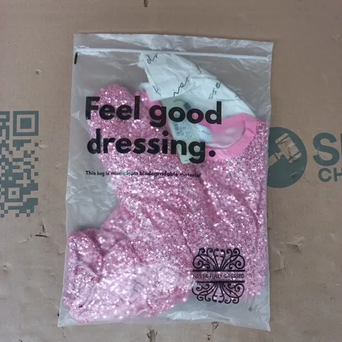 BAGGED NEVER FULLY DRESSED PINK SEQUIN T-SHIRT SIZE UK 6
