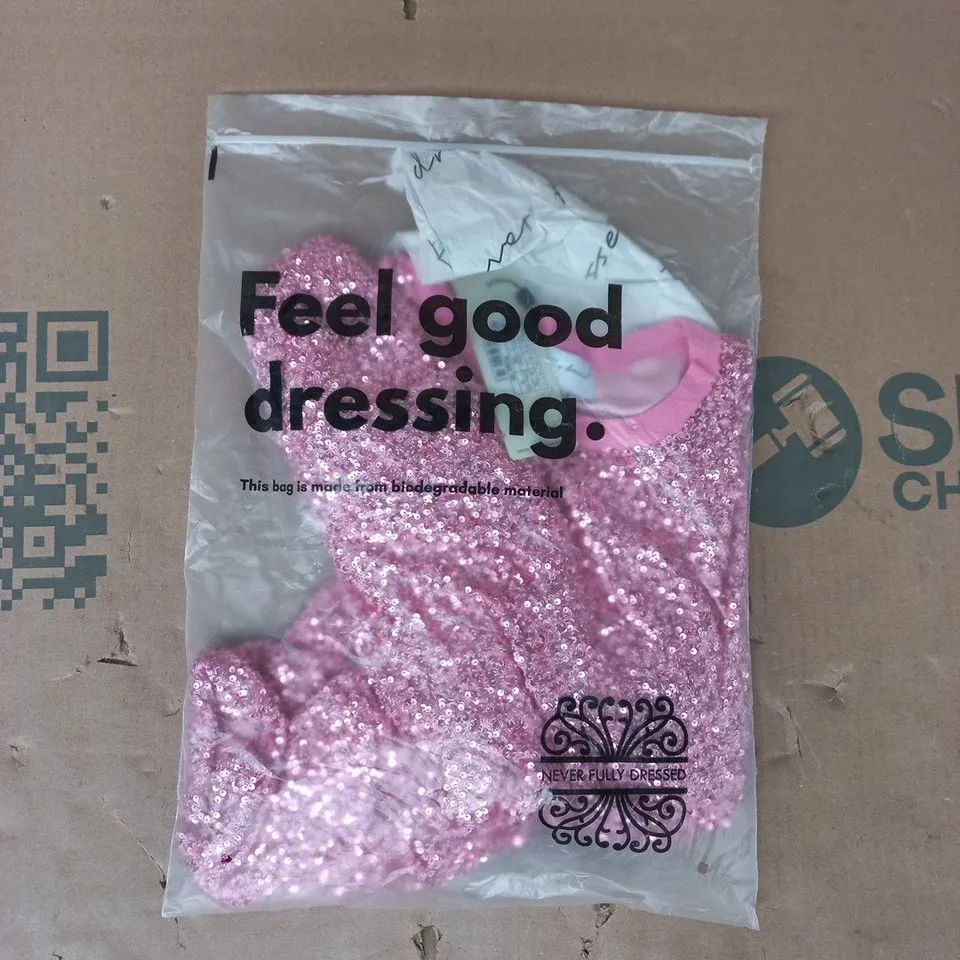 BAGGED NEVER FULLY DRESSED PINK SEQUIN T-SHIRT SIZE UK 6