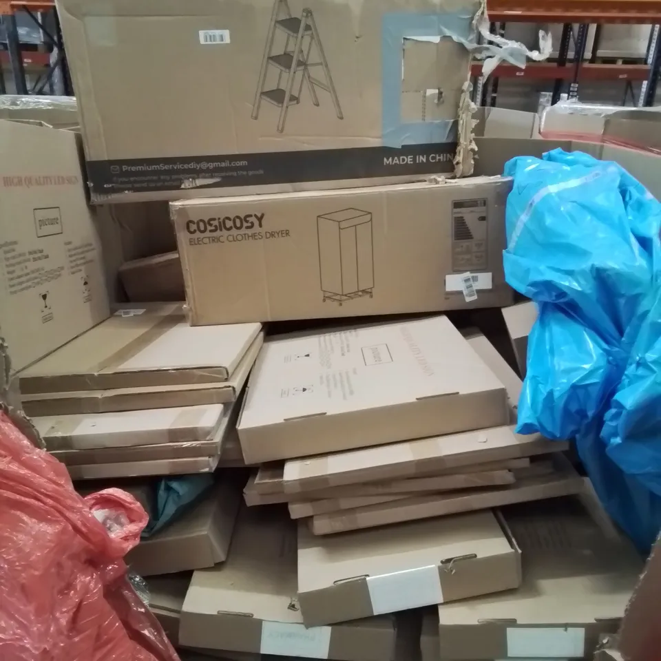 PALLET CONTAINING MIXED BOXED HOUSEHOLD ITEMS TO INCLUDE: ELECTRIC CLOTHES DRYER, STEP LADDER, ELECTRIC KEYBOARD AND LOTS MORE UNMARKED BOXED ITEMS 