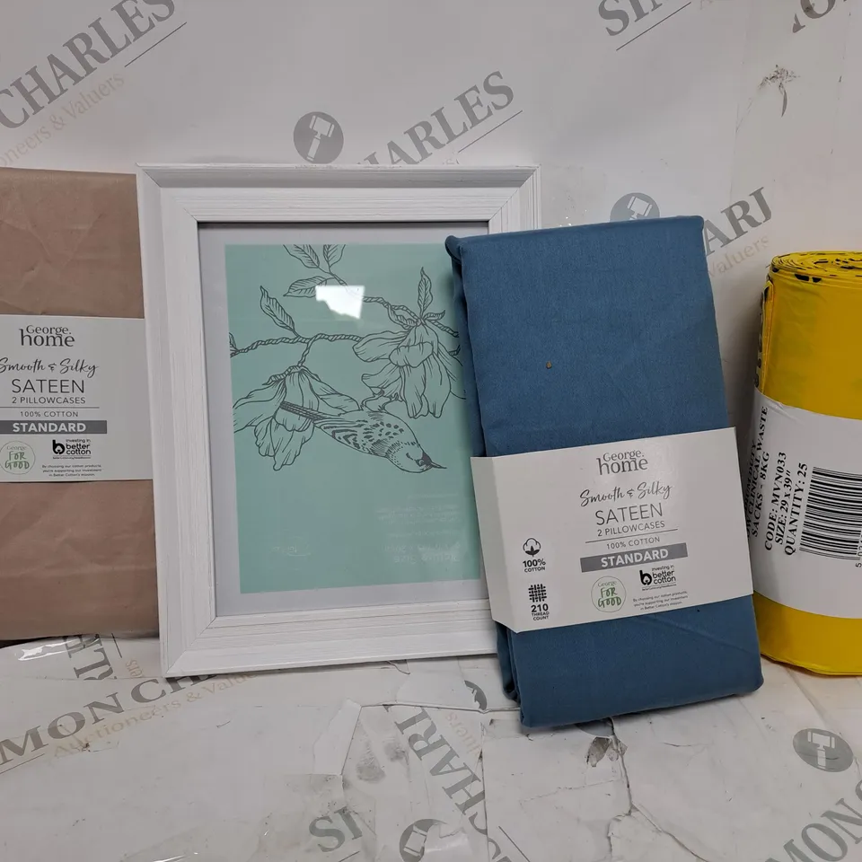 BOX OF APPROXIMATELY 10 ITEMS TO INCLUDE TESCO DUVET SET, PICTURE FRAME, WASTE SACKS ETC