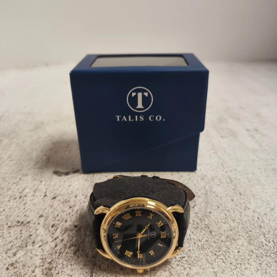 TALIS CO. GOLD TONE WRISTWATCH WITH BLACK LEATHER STRAP – BLUE PRESENTATION BOX