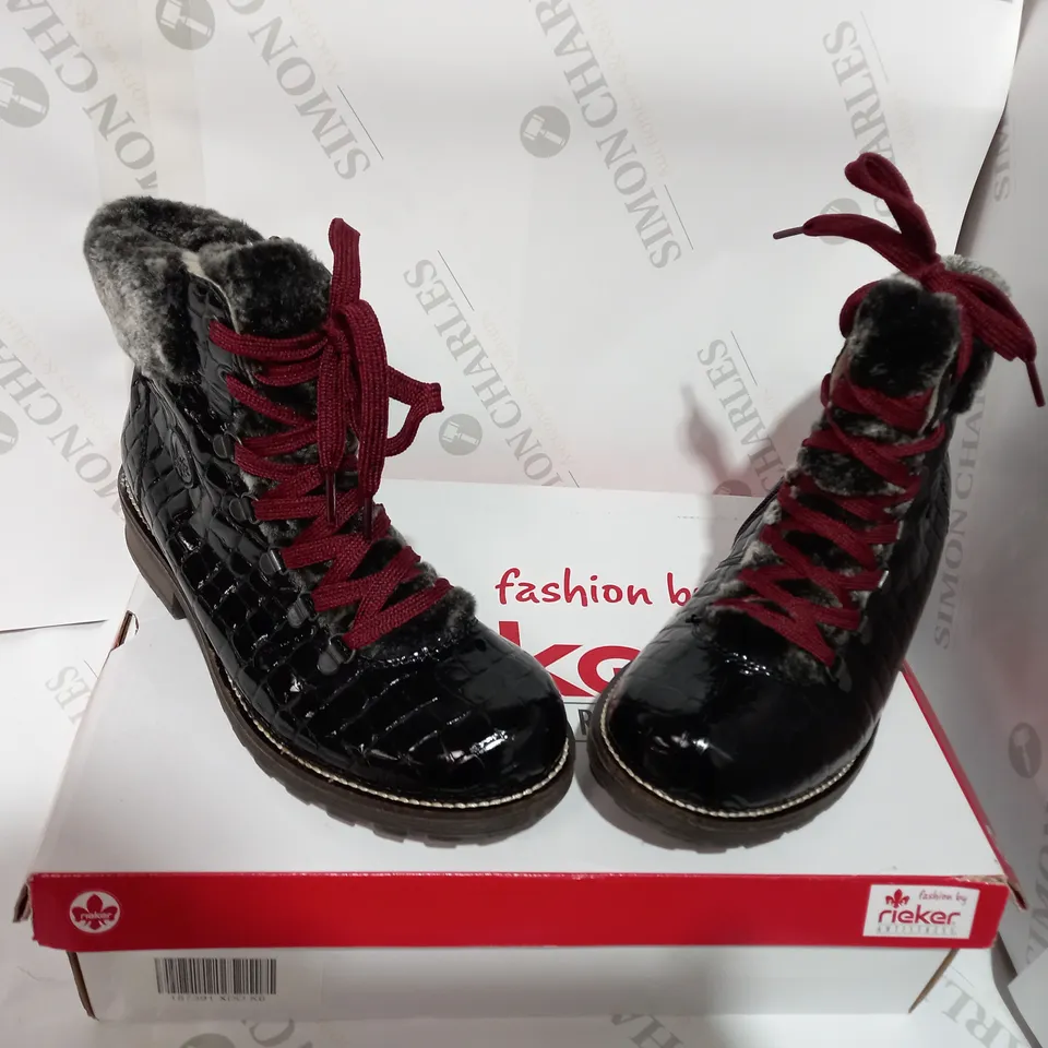 BOXED PAIR OF RIEKER BLACK CUFFED HIKING BOOTS  - SIZE 6