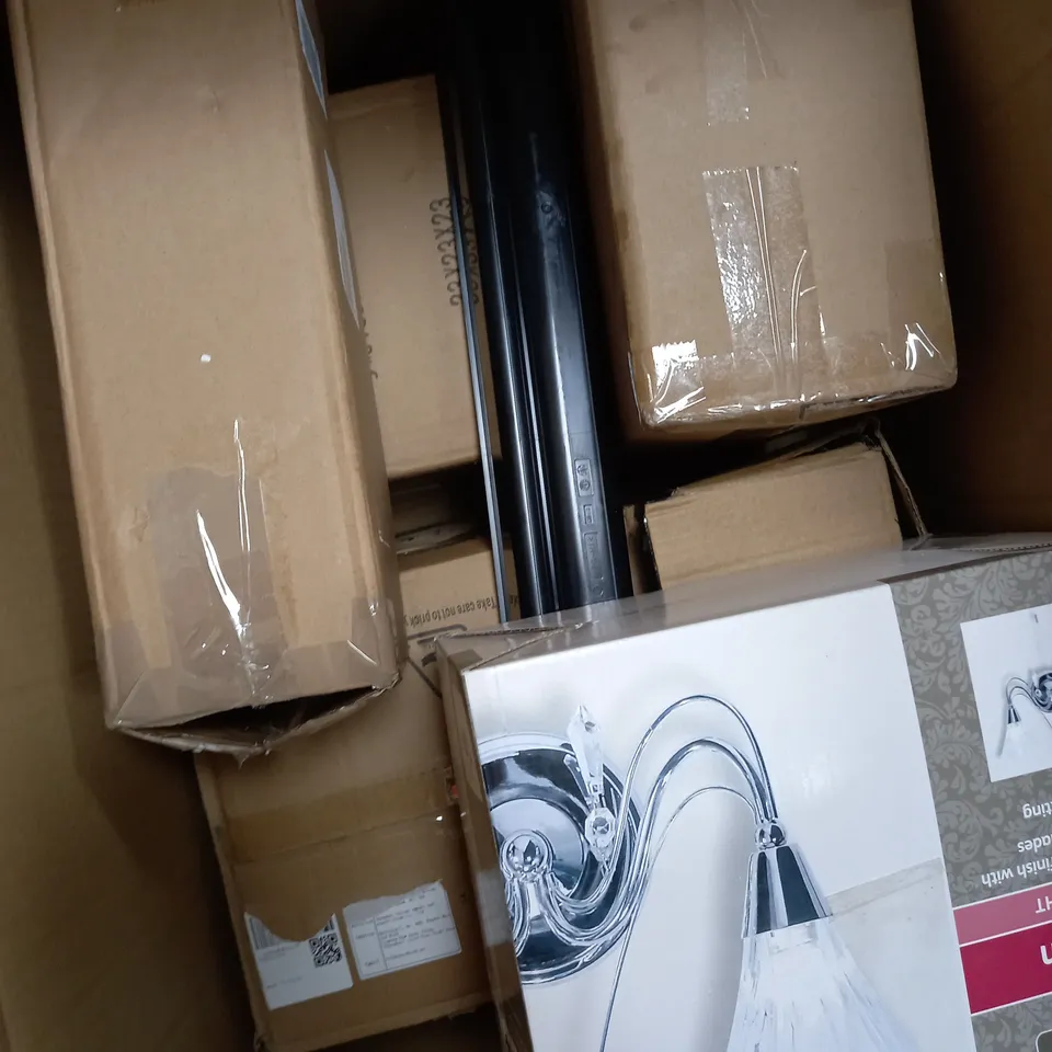 BOX OF APPROXIMATELY 10 ASSORTED ITEMS TO INCLUDE COLWYN WALL LIGHT, TREE DÉCOR, TONER CARTRIDGE ETC