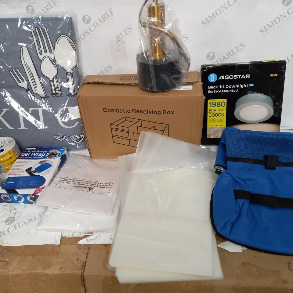 BOX OF ASSORTED ITEMS TO INCLUDE: ELASTIC CORD, LAMINATING POUCHES, EXTENDING HOSE, KHAKI GREENNAPKINS, GEL WRAP, COSMETIC RECEIVING BOX, BACK-LIT DOWNLIGHT ETC 