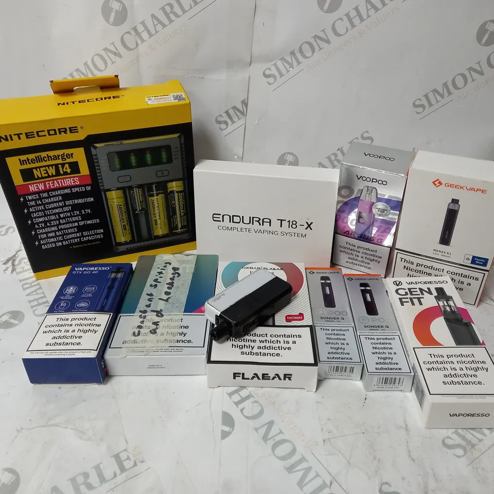 BOX OF APPROXIMATELY 10 ASSORTED E-CIG PRODUCTS TO INCLUDE NITECORE INTELLICHARGER NEW I4, VOOPOO, VAPORESSO  