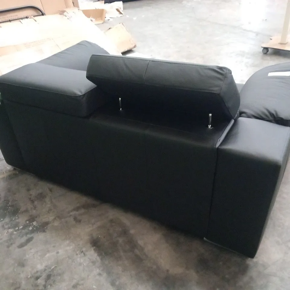 DESIGNER BLACK FAUX LEATHER TWO SEATER SOFA WITH SQUARE PANEL DETAIL AND ADJUSTABLE HEADRESTS