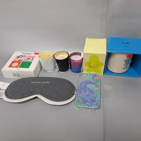 BOX OF ASSORTED HOUSEHOLD ITEMS TO INCLUDE SLEEPING MASK, CANDLES, PHONE CASES ETC