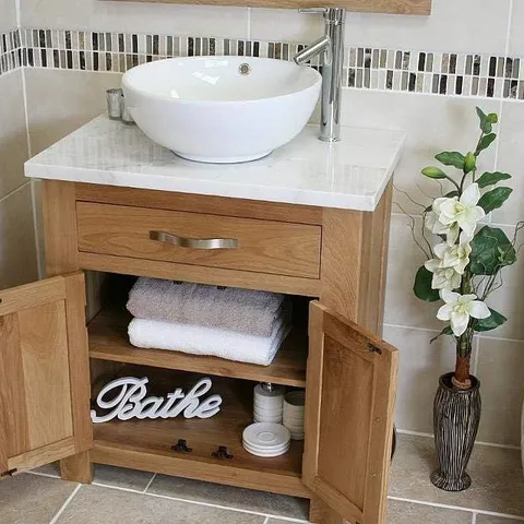 BOXED BATHROOM VANITY UNIT OAK CABINET WASH STAND WHITE MARBLE & CERAMIC BASIN (1 BOX)