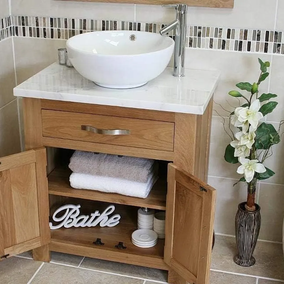 BOXED BATHROOM VANITY UNIT OAK CABINET WASH STAND WHITE MARBLE & CERAMIC BASIN (1 BOX)