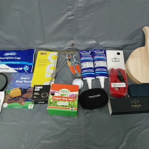 APPROXIMATELY 10 ASSORTED HOUSEHOLD ITEMS TO INCLUDE - SHAMPOO CAP, COLOURING PENCILS, AND COPPER SLUG TAPE ETC. 