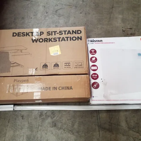 PALLET CONTAINING ASSORTED PRODUCTS INCLUDING DESKTOP SIT-STAND WORKSTATION, PLAYPEN, INFRARED PANEL HEATER WITH WIFI & LED BATTEN LIGHT