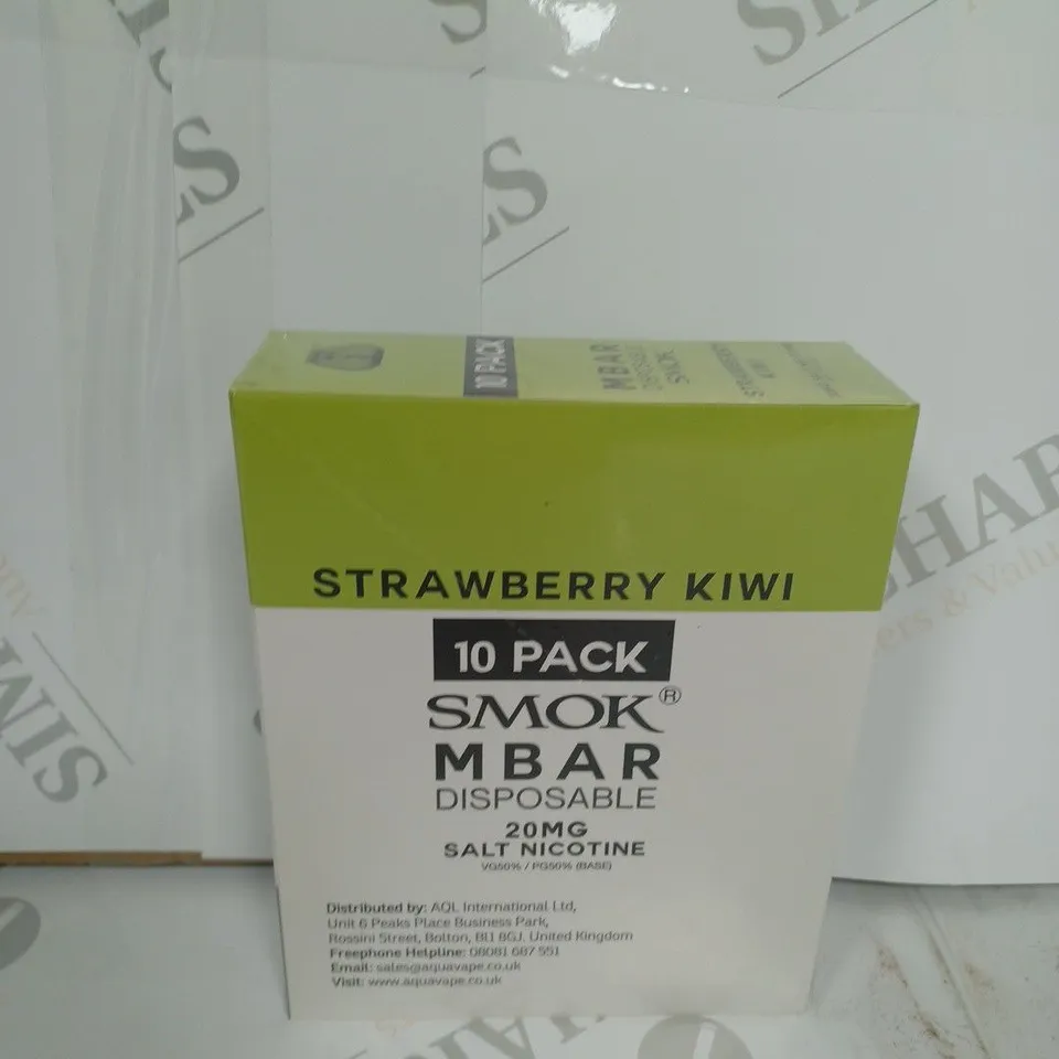 BOX OF APPROXIMATELY 10 BOXES OF STRAWBERRY KIWI 10 PACK SMOK M BAR DISPOSABLE 20MG SALT NICOTINE
