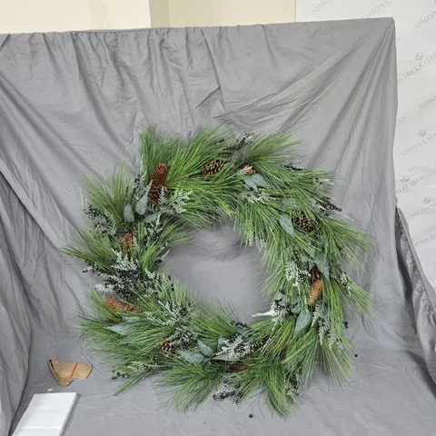 BOXED PRE LIT CHRISTMAS WREATH WITH GREEN BERRIES AND PINECONES - 90 CM