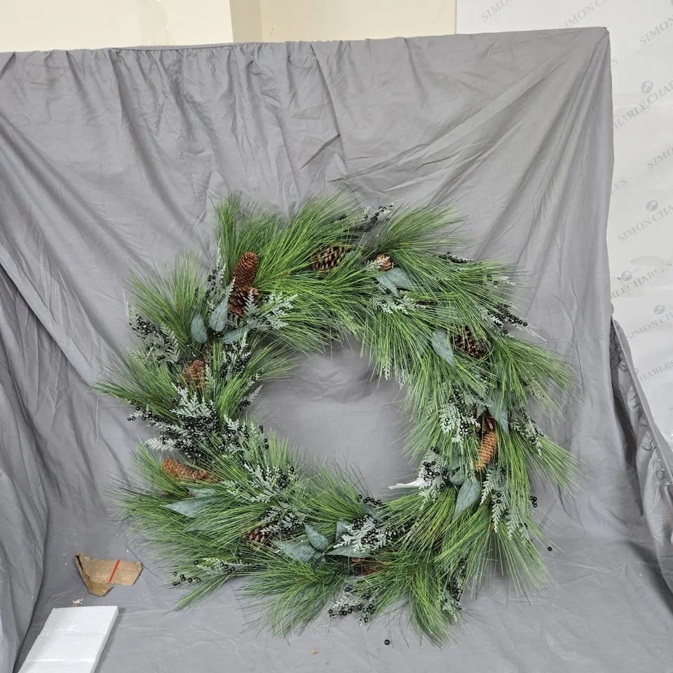 BOXED PRE LIT CHRISTMAS WREATH WITH GREEN BERRIES AND PINECONES - 90 CM