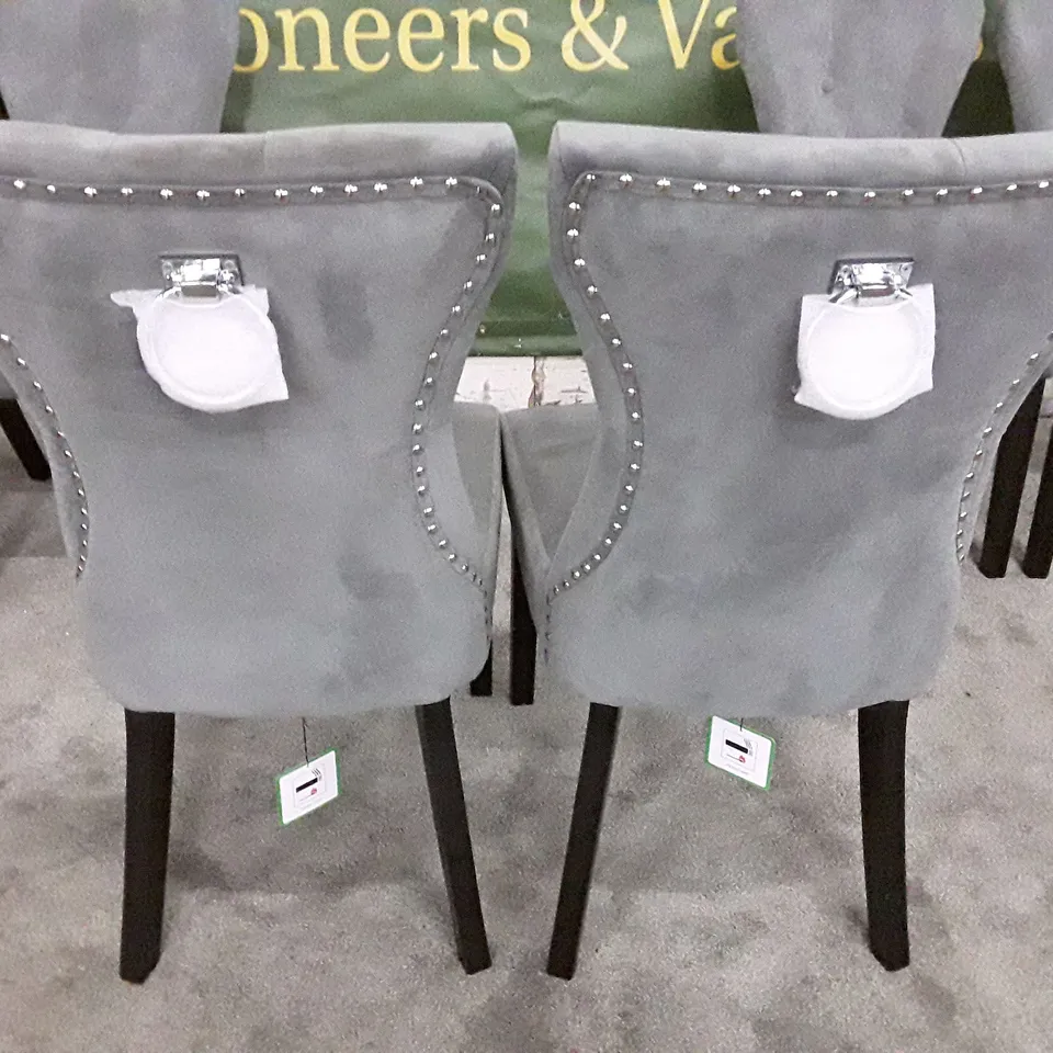 SET OF 6 DESIGNER RENZO UPHOLSTERED BUTTONED RING BACK DINING CHAIRS WITH BLACK LEGS