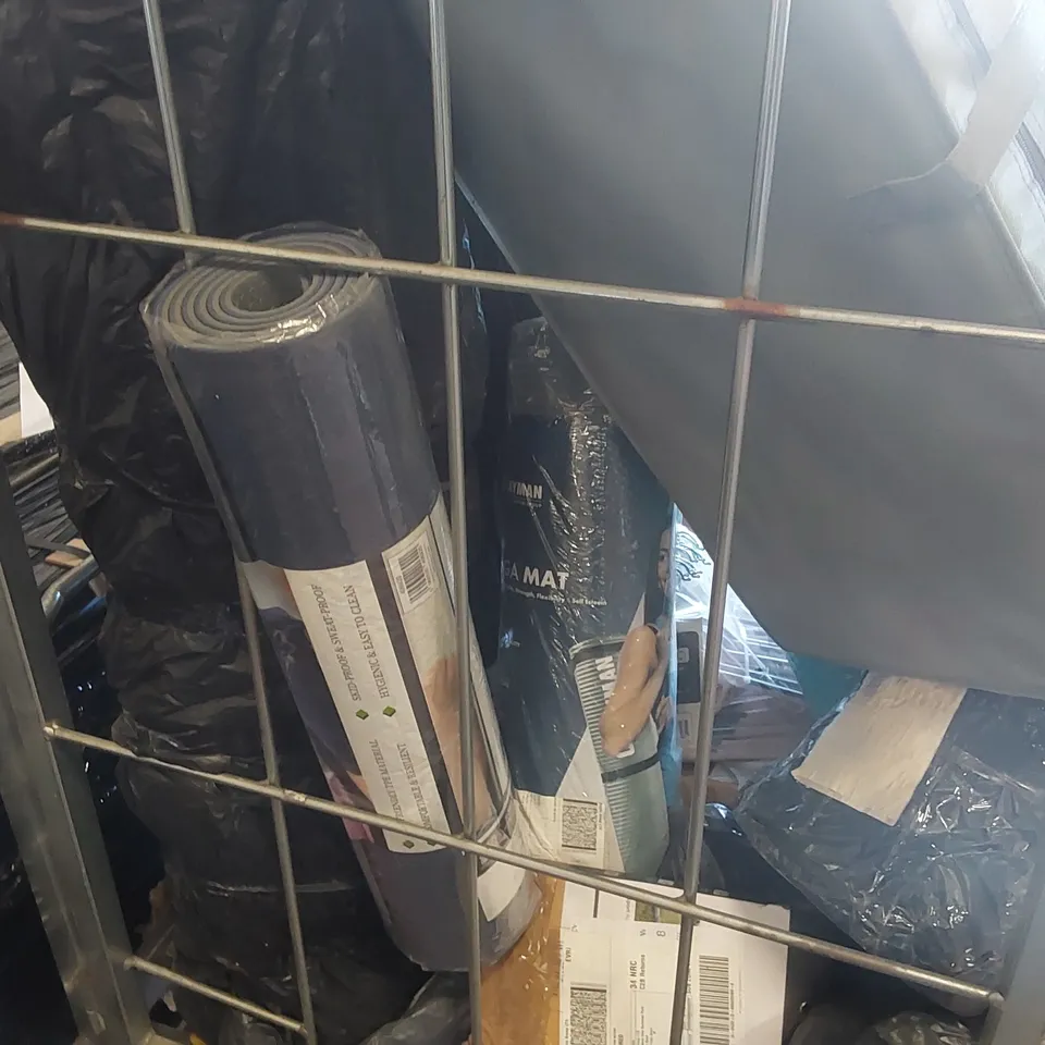 CAGE CONTAINING A LARGE QUANTITY OF ASSORTED ITEMS INCLUDING: YOGA MATS, PLAY MAT, FOAM ROLLER ECT  // CAGE NOT INCLUDED 