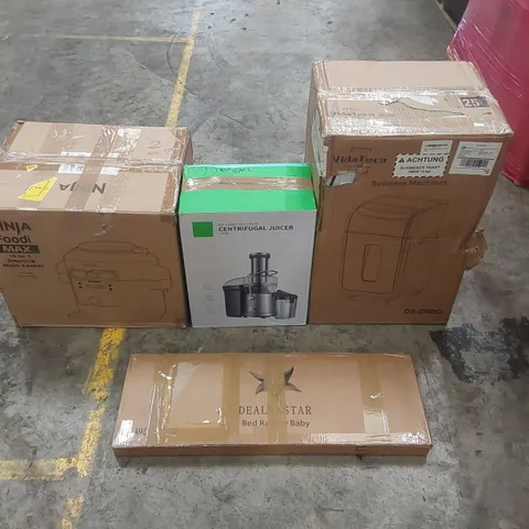 PALLET OF ASSORTED ITEMS INCLUDING: NINJA FOODI MAX 14-IN-1 COOKER, CENTRIFUGAL JUICER, PAPER SHREDDER, BABY BED RAIL ECT