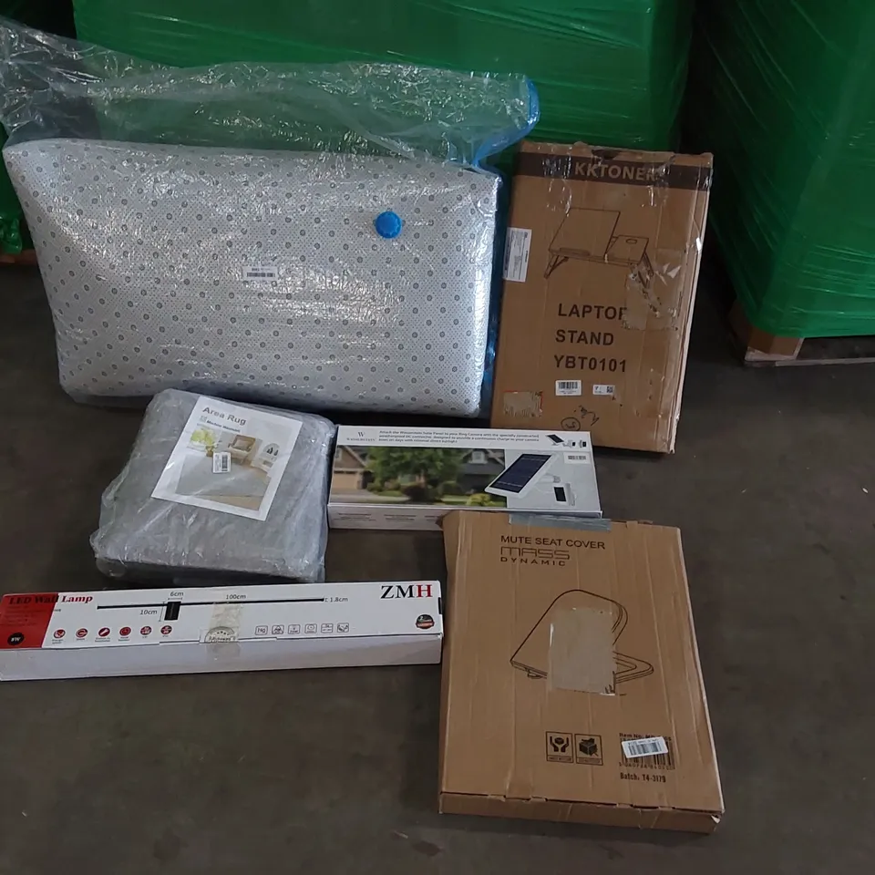 PALLET OF ASSORTED CONSUMER PRODUCTS TO INCLUDE: RUGS, LED WALL LAMP, DOOR BELL SOLAR PANEL, LAPTOP STAND, TOILET SEAT COVER ECT