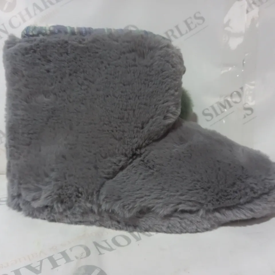 BOXED PAIR OF WHITE STUFF FAUX FUR BOOTIES IN GREY SIZE 7-8