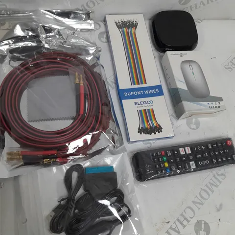 BOX OF APPROXIMATELY 15 ASSORTED ITEMS TO INCLUDE - WIRELESS MOUSE, DUPONT WIRES, NOW TV BOX ETC