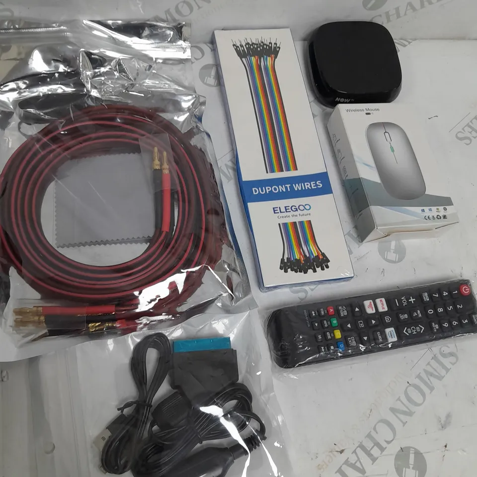 BOX OF APPROXIMATELY 15 ASSORTED ITEMS TO INCLUDE - WIRELESS MOUSE, DUPONT WIRES, NOW TV BOX ETC
