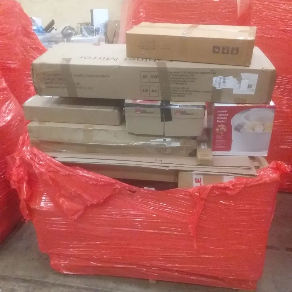 PALLET OF ASSORTED ITEMS INCLUDING JEWELLERY CABINET, PORTABLE WARDROBE, ELECTRIC POTATO PEELER, WINDOW BLINDS