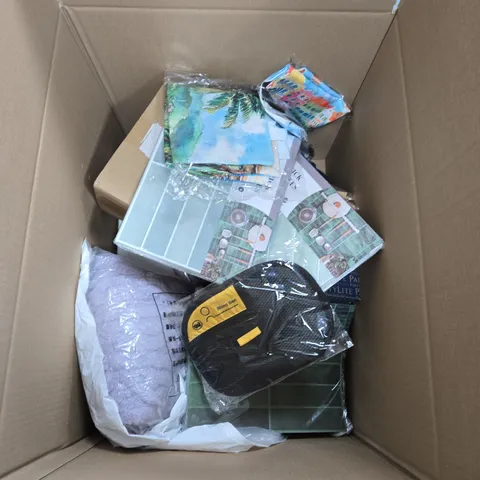 A BOX OF APROXIMATELY 15 ASSORTED ITEM TO INCLUDE DECORATTED SMALL MIRROR, WALLPAPER TILES