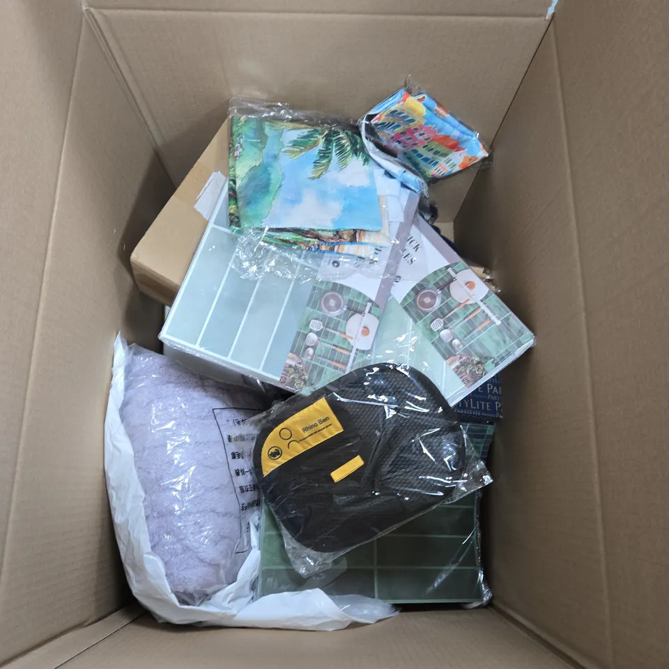 A BOX OF APROXIMATELY 15 ASSORTED ITEM TO INCLUDE DECORATTED SMALL MIRROR, WALLPAPER TILES