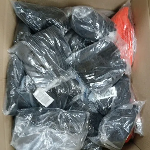 LARGE BOX OF ASSORTED CLOTHING ITEMS IN VARIOUS SIZES, STYLE AND COLORS