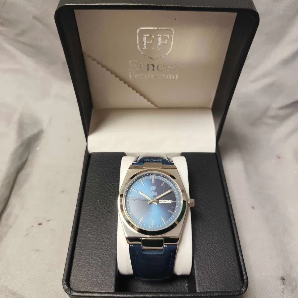 MENS ERNEST FERDINAND WATCH – DAY DATE CALENDAR DIAL – LEATHER STRAP