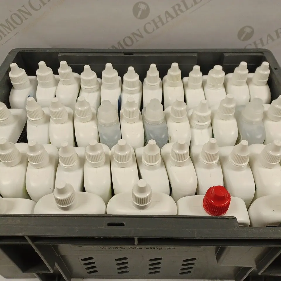 BOX TO CONTAIN APPROX. 40 X BOTTLES OF CONTACT LENSES CLEANING SOLUTION. BRANDS VARY - COLLECTION ONLY