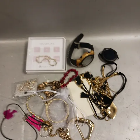 APPROXIMATELY 20 ASSORTED JEWELLERY PRODUCTS TO INCLUDE NECKLACES, EARRINGS, WATCHES ETC