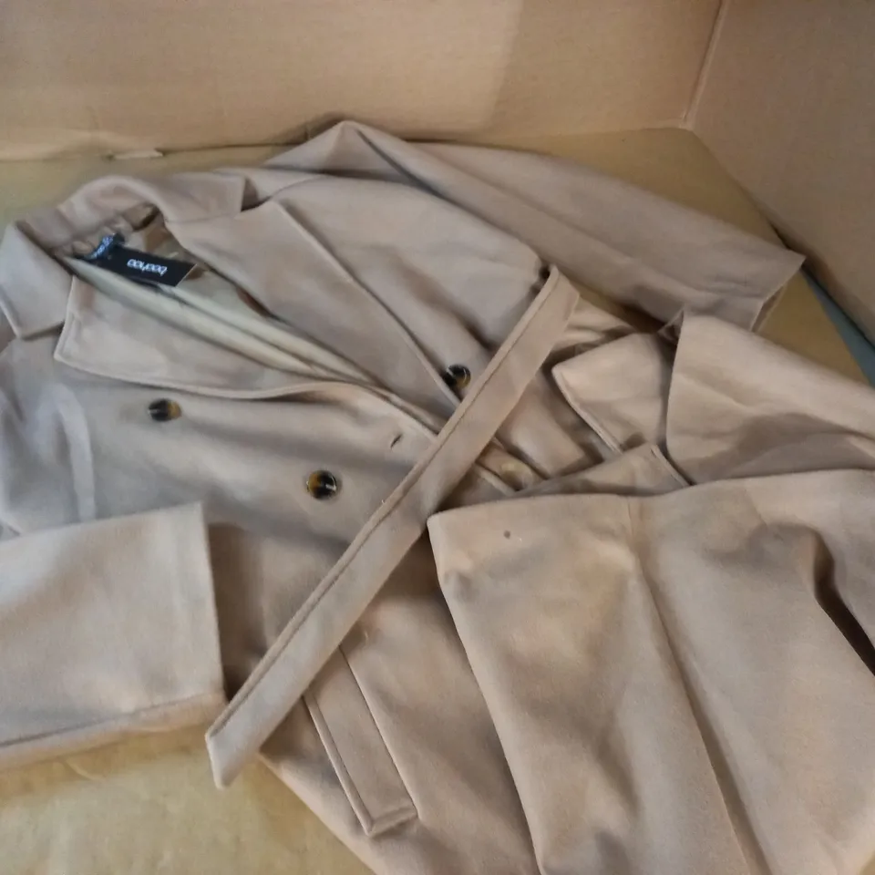 BOOHOO TALL BELTED DOUBLE BREASTED WOOL LOOK COAT IN CAMEL - 16