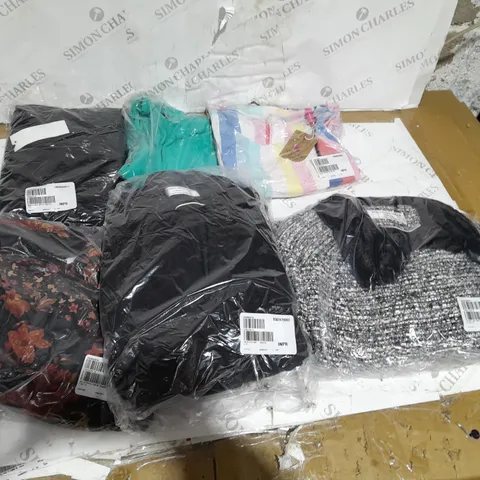 BOXED ASSORTMENT OF WOMENS CLOTHES TO INCLUDE TOPS,COATS AND CARDIGANS
