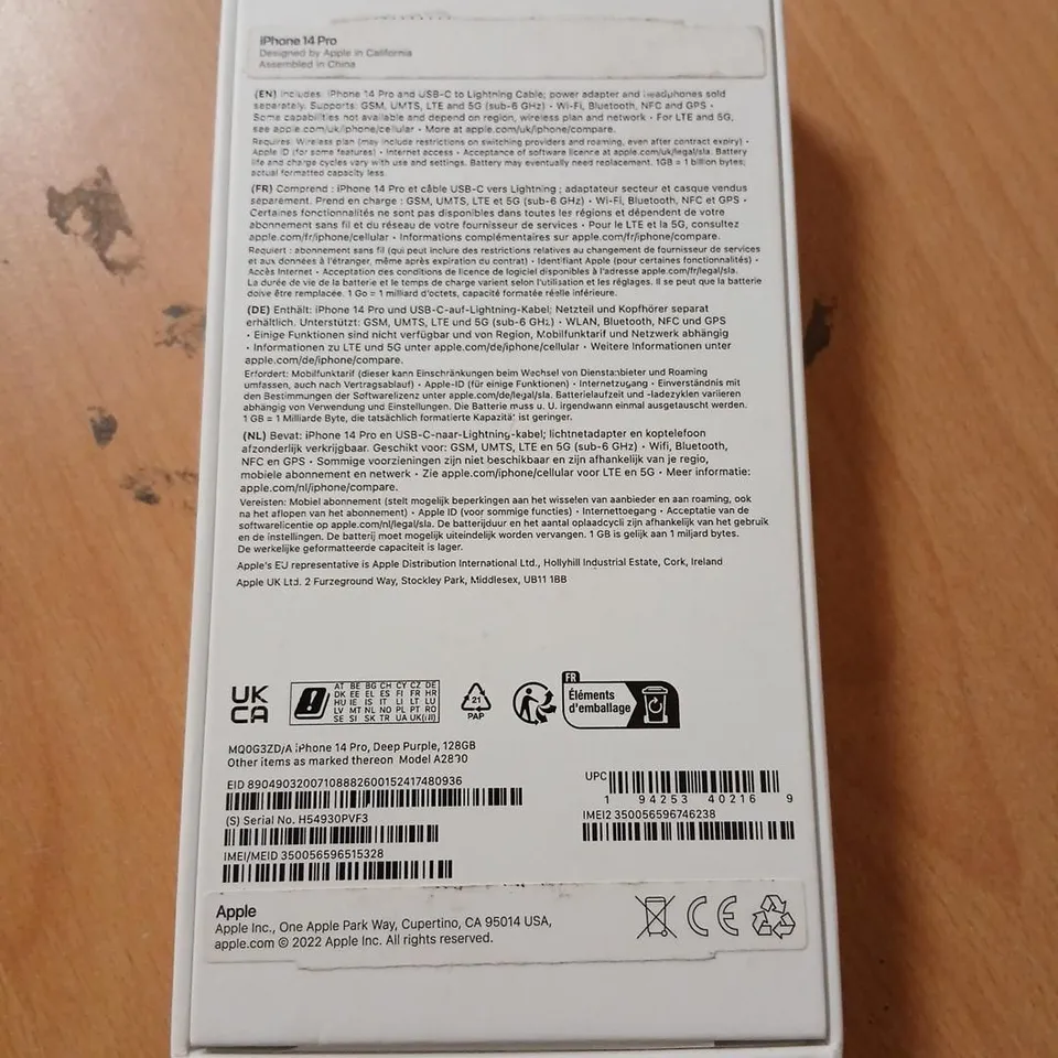 APPLE IPHONE 14 PRO 128GB DEEP PURPLE – BOXED WITH USB-C TO LIGHTNING CABLE (BACK GLASS CRACKED)