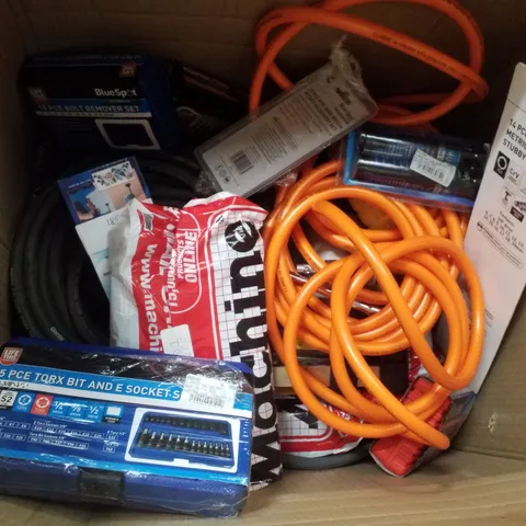 BOX CONTAINING ASSORTED SCRAP ITEMS INCLUDING 10 PCE BOLT REMOVER SET, MULTIPURPOSE GREASE, 3/8" METRIC IMPACT STUBBY SOCKETS & 25 PCE TORX BIT AND E SOCKET SET 