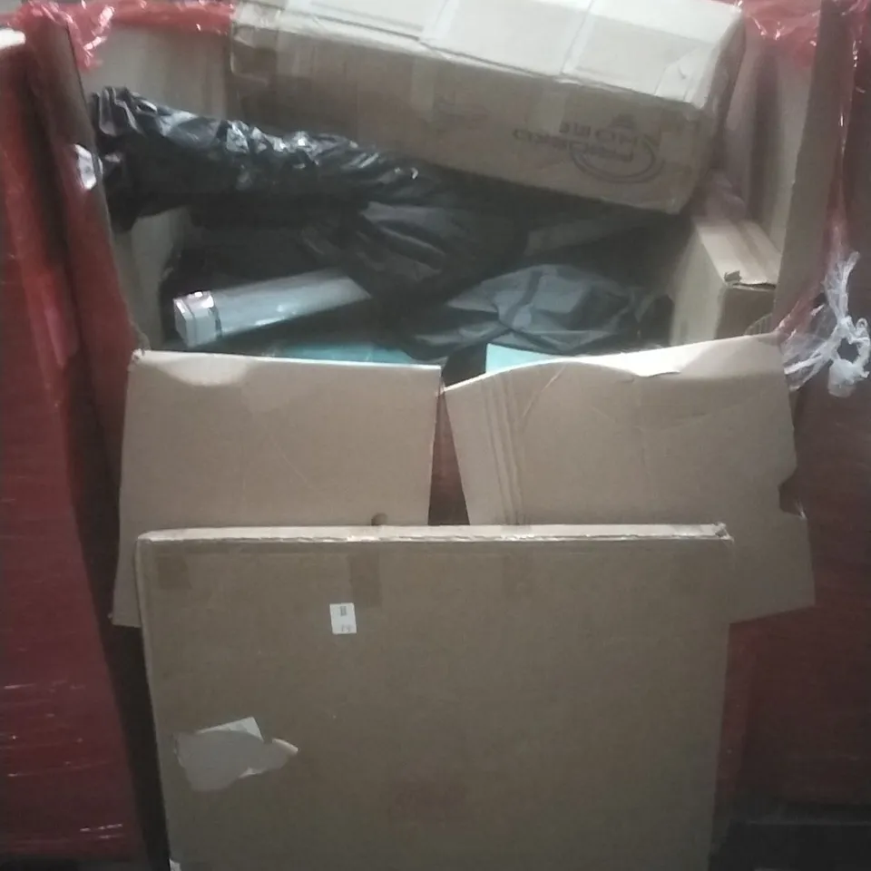 PALLET OF ASSORTED HOUSEHOLD GOODS AND PRODUCTS TO INCLUDE; BLINDS, BOXED FURNITURE ETC