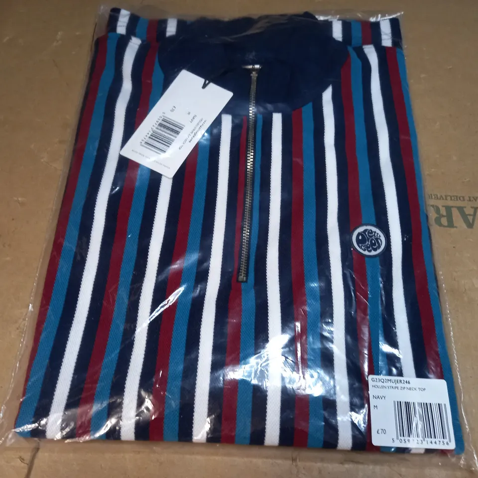 PRETTY GREEN HOLLEN STRIPE ZIP NECK TOP NAVY - MEDIUM
