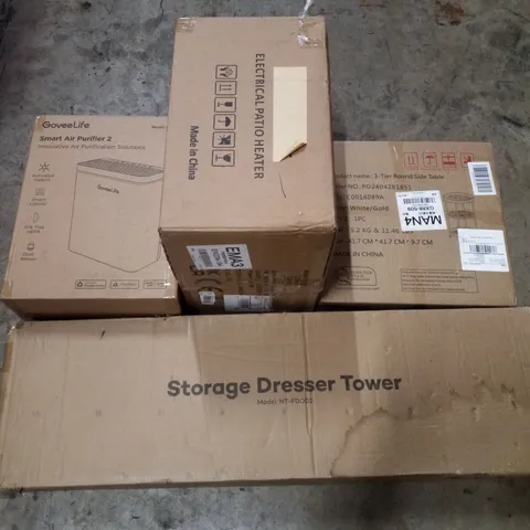 PALLET CONTAINING ASSORTED PRODUCTS INCLUDING STORAGE DRESSER TOWER, 3-TIER ROUND SIDE TABLE, ELECTRIC PATIO HEATER & SMART AIR PURIFIER 2